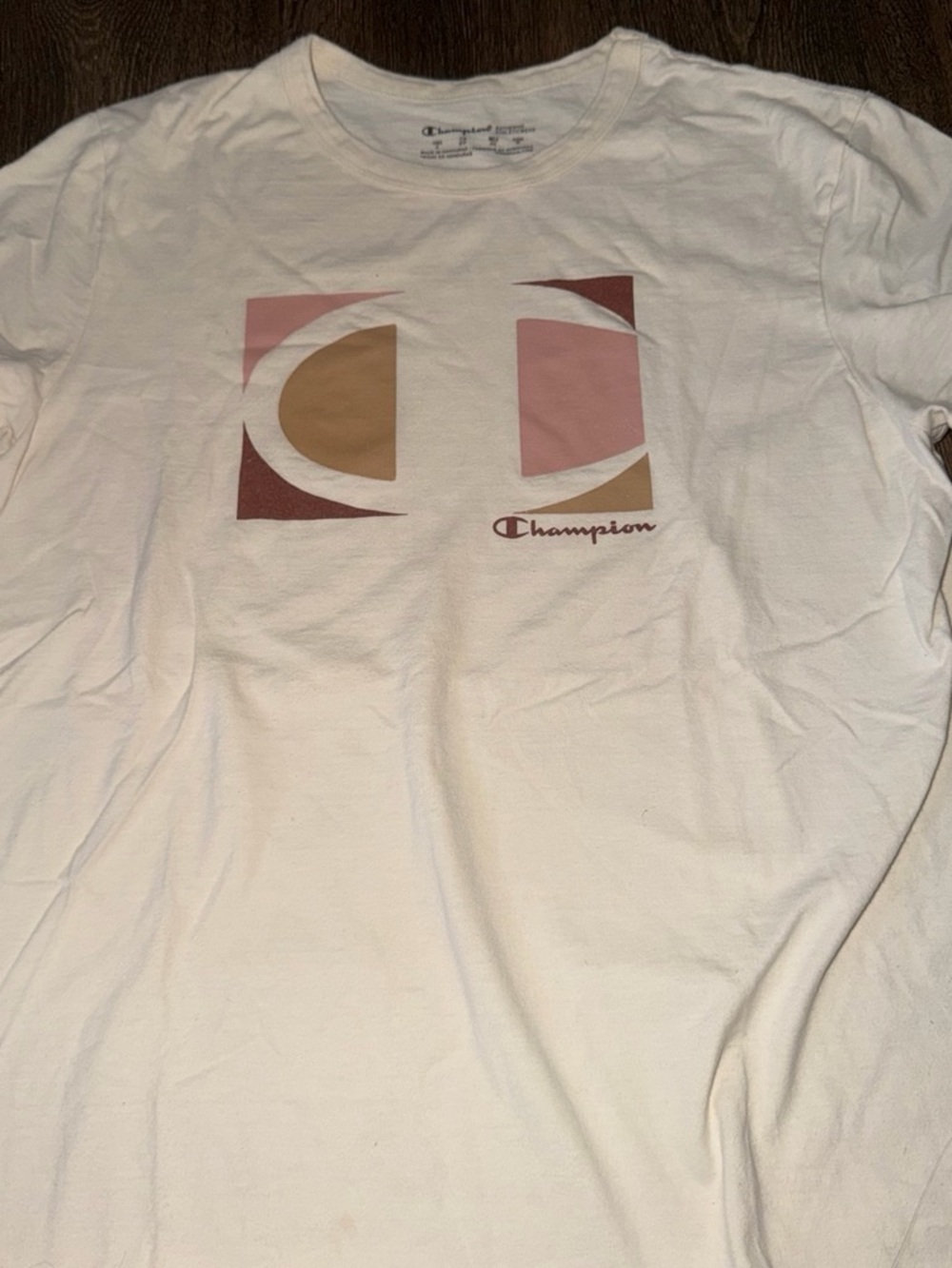 Champion White Short Sleeve Tee with Pink & Tan Graphic